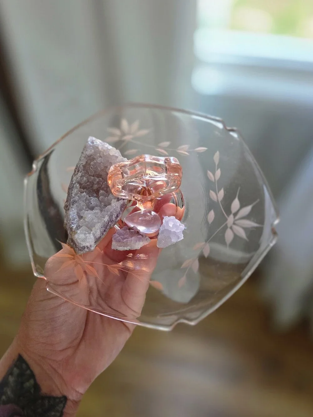 Pink Depression Glass Trinket Tray with Crystals!